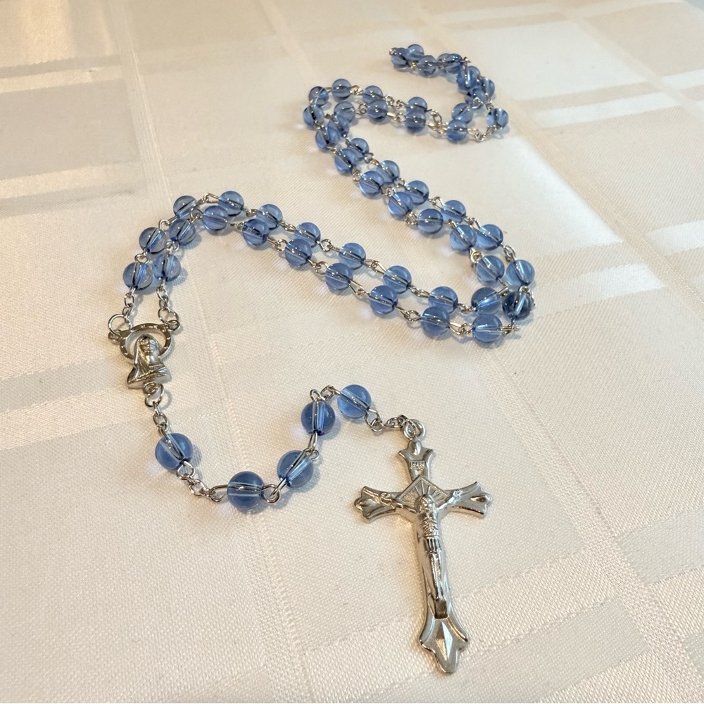 Blue Round Pressed Prayer Rosary with Madonna Centerpiece